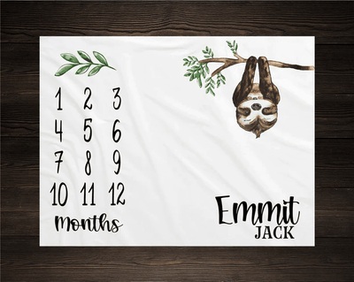 Sloth Milestone Blanket Monthly Growth Tracker Personalized Baby Blanket Custom Blanket Baby Shower Gift New Baby