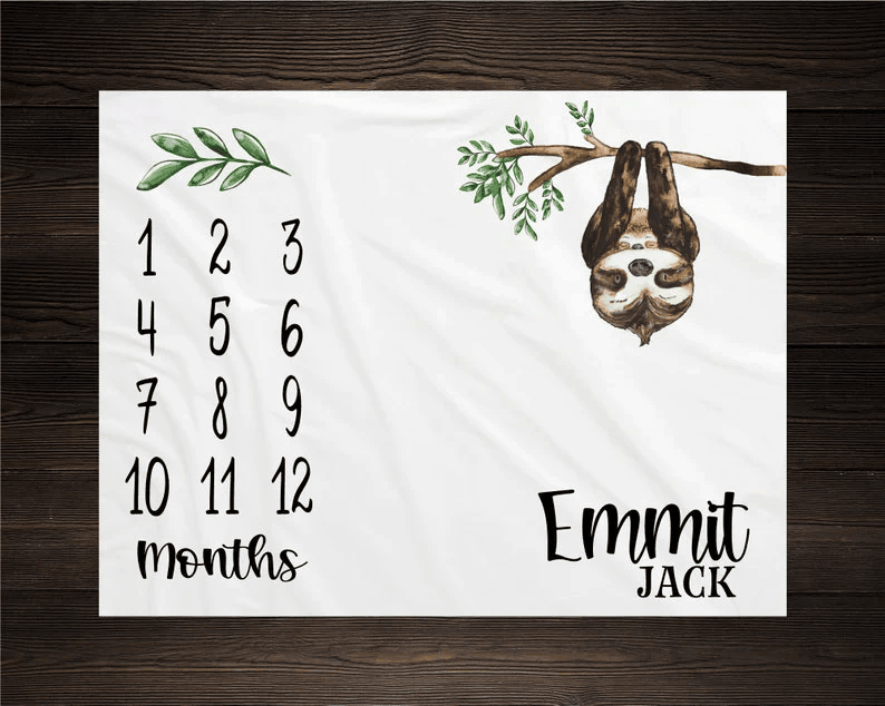 Sloth Milestone Blanket Monthly Growth Tracker Personalized Baby Blanket Custom Blanket Baby Shower Gift New Baby