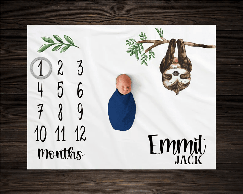 Sloth Milestone Blanket Monthly Growth Tracker Personalized Baby Blanket Custom Blanket Baby Shower Gift New Baby