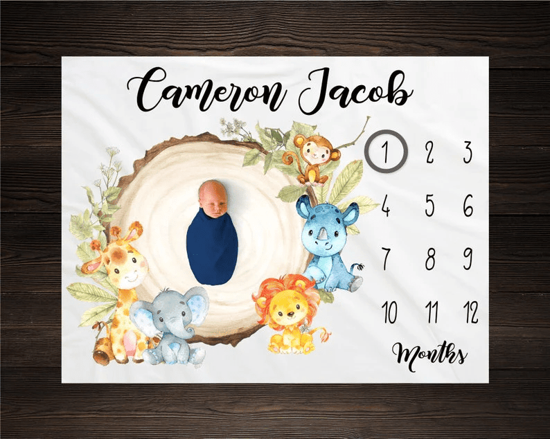 Personalized Safari Milestone Blanket Personalized Milestone Blanket Month Blanket Jungle Baby Blanket New Baby Growth