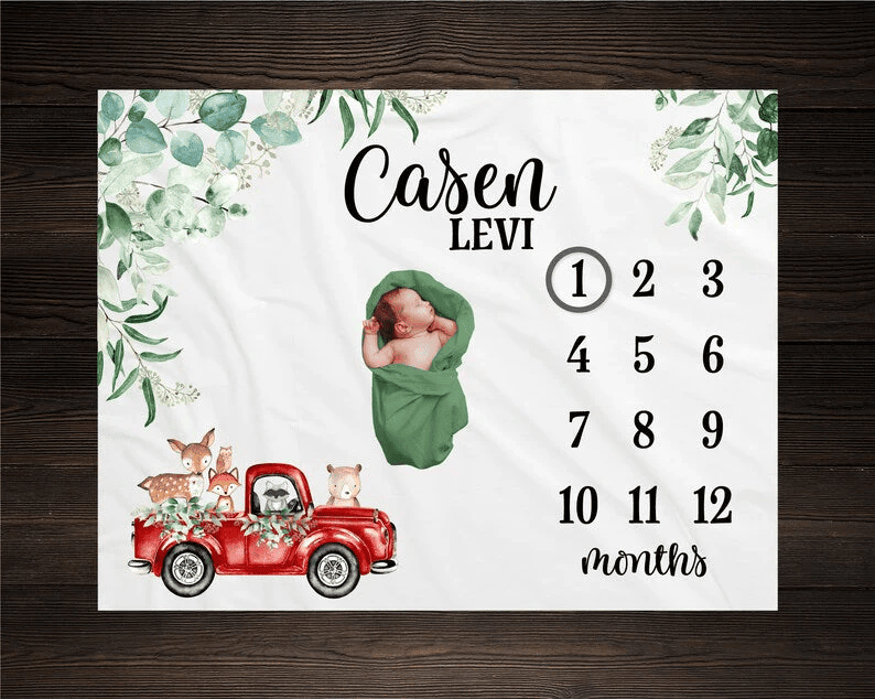 Woodland Milestone Blanket Monthly Growth Tracker Personalized Baby Blanket Custom Blanket New Mom Gift New Baby