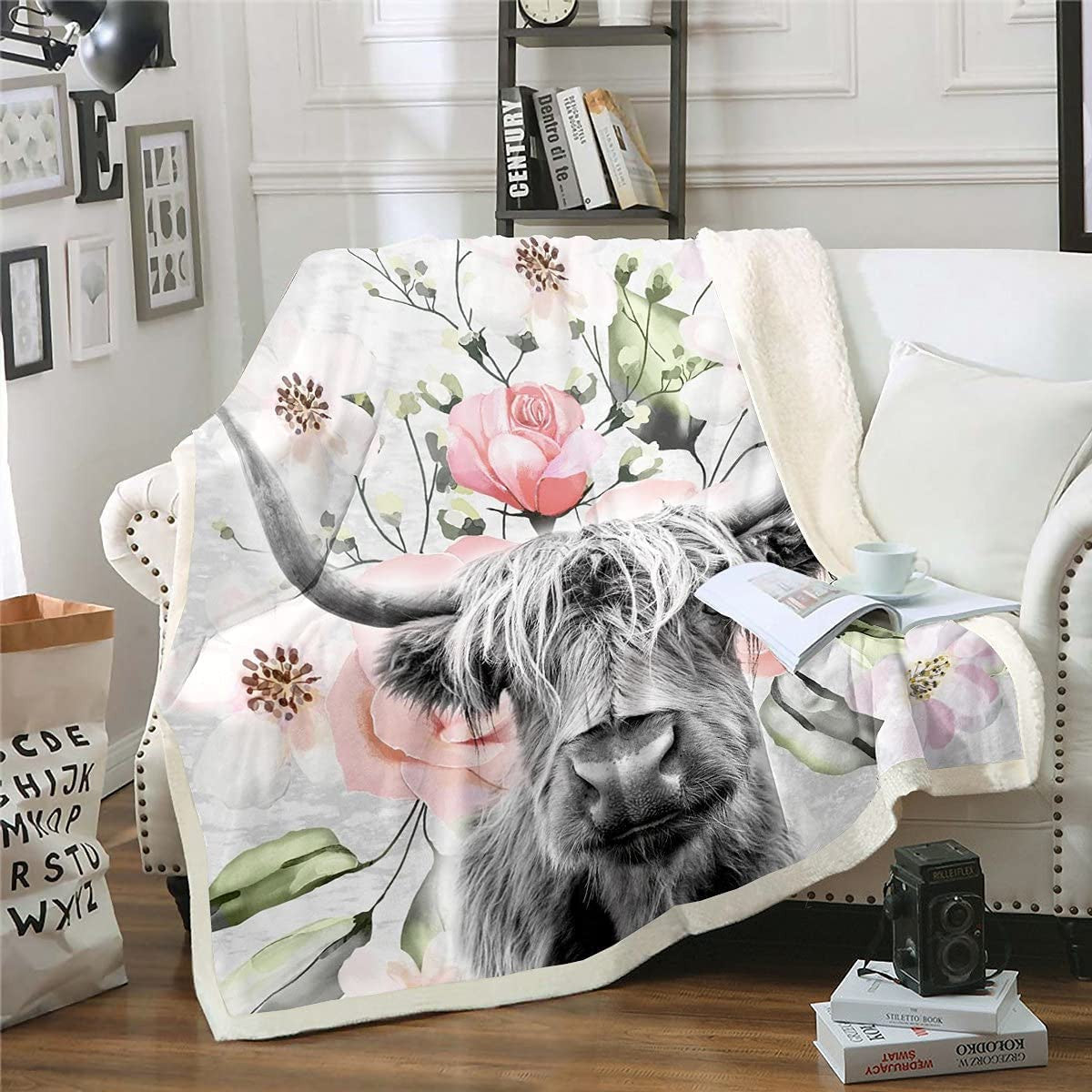 Highland Cattle Plush Bed Blanket Baby Size Cute Cow Flower Throw Blanket For Kids Boys Teens Bull Cattle Sherpa Blanket Western Cowboy Fuzzy Flannel Lightweight Cozy Bedroom Decor