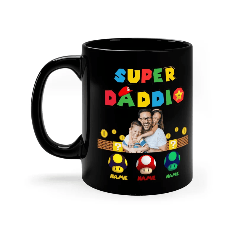 Personalized Super Daddio Game Mug, Custom Photo Kids Name Dad Mug, Funny Gift For Dad