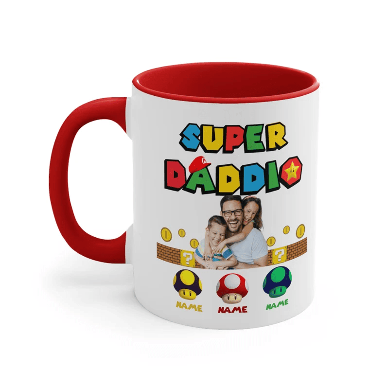 Cusstom Photo Super Daddio Game Mug, Custom Photo Kids Name Dad Mug, Funny Father's Day Daddio Mug