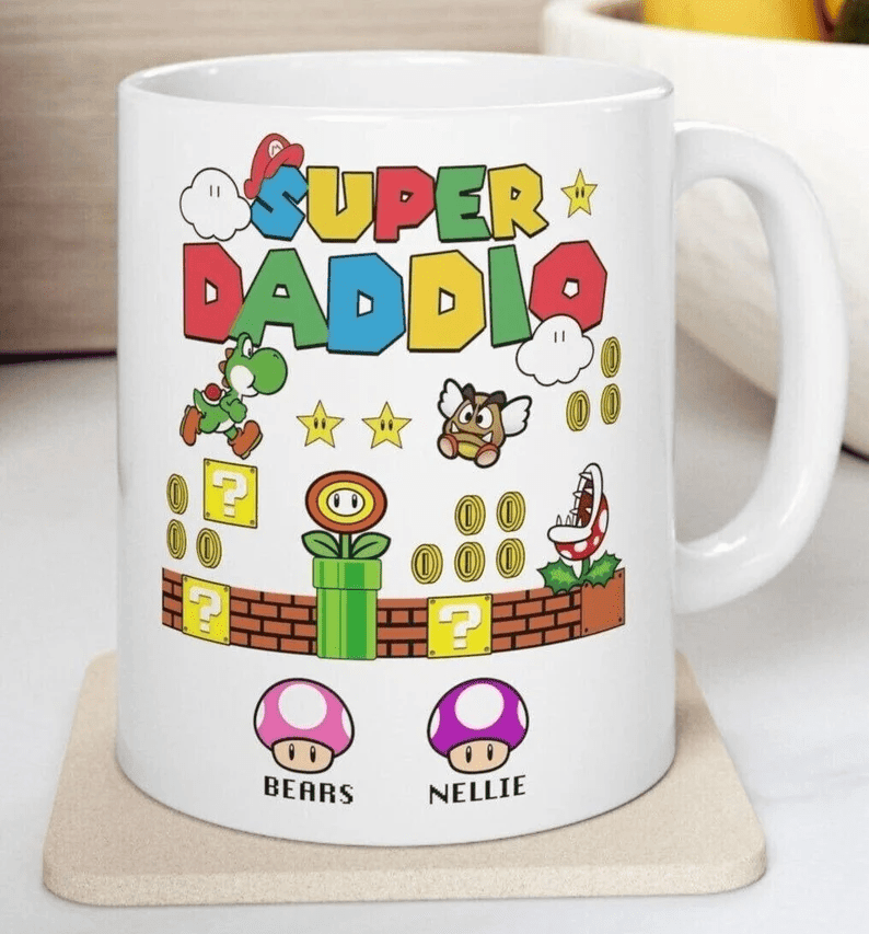 Funny Super Daddio Ceramic Mug, Gamer Dad Fun Gift, Funny Gift For Dad, Fathers Day Mug