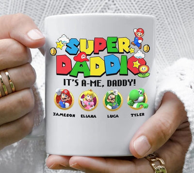 Super Daddio It's A Me Daddy Custom Kid Name Coffee Mug, Gift For Dad