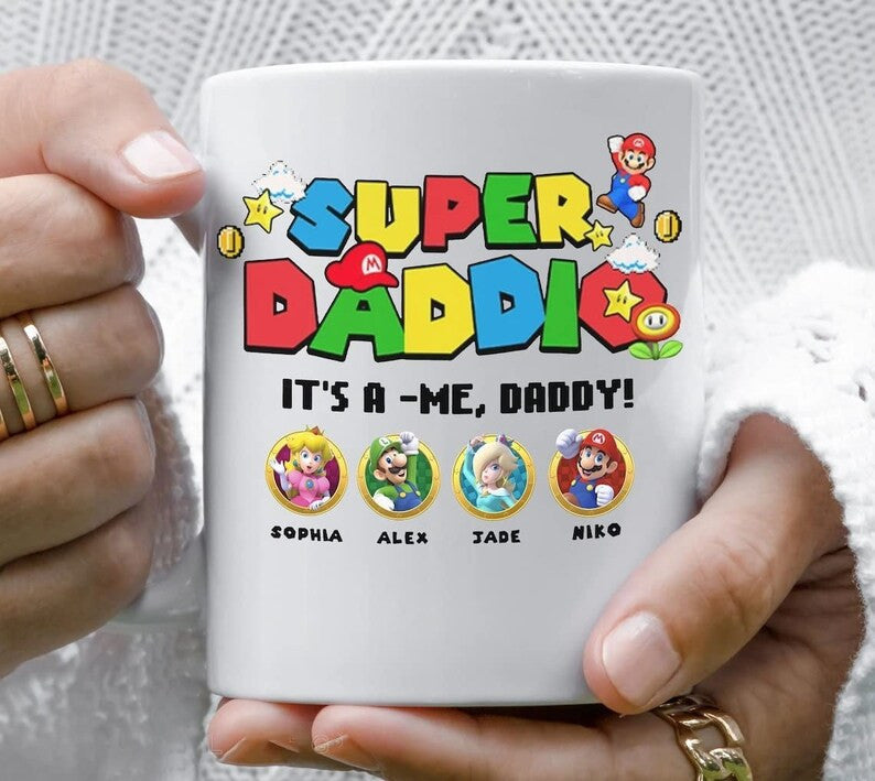 Super Daddio It's A Me Daddy Custom Kid Name Coffee Mug, Gift For Dad