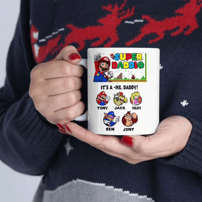 Personalized Super Daddio It's A Me Daddy Custom Kid Name Coffee Mug, Gift For Dad