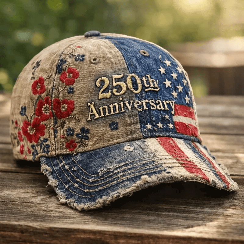 250th Anniversary American Flag Hat, Vintage Distressed Printed USA Cap, Patriotic Floral Embroidered Gift for Her Him