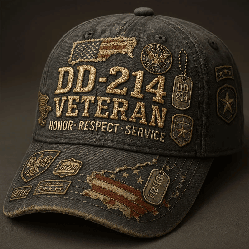 DD-214 Veteran Hat, Distressed Military Patriotic Cap, Honor Respect Service USA Veteran Gift