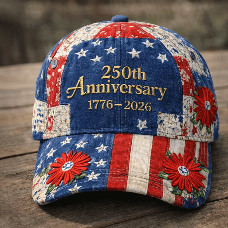 250th Anniversary American Flag Hat, Patriotic Floral Embroidered Cap, 1776–2026 USA Gift