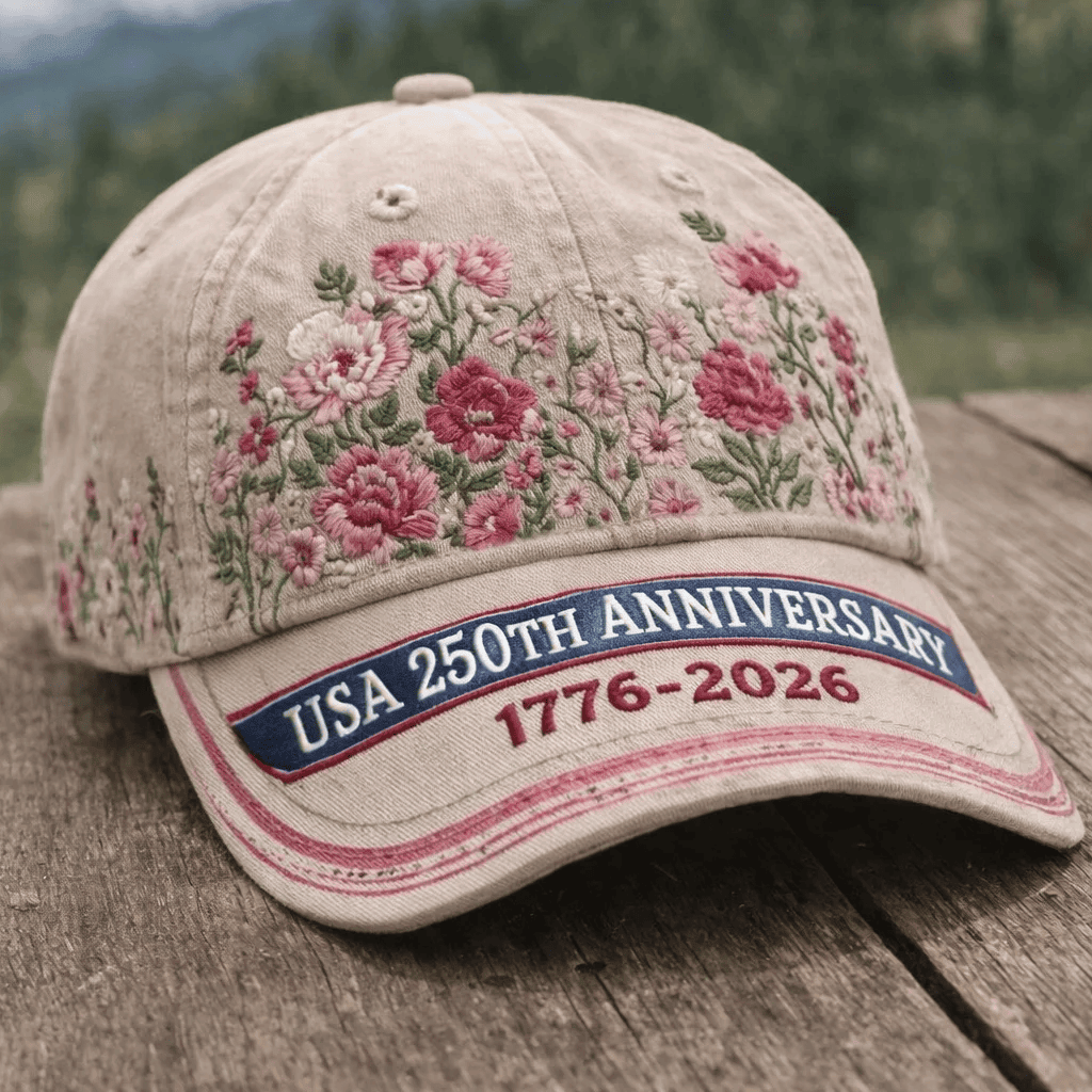 USA 250th Anniversary Floral Hat 1776–2026, Patriotic Vintage Baseball Cap, American Flag Flower Hat, Gift for Her Mom Grandma