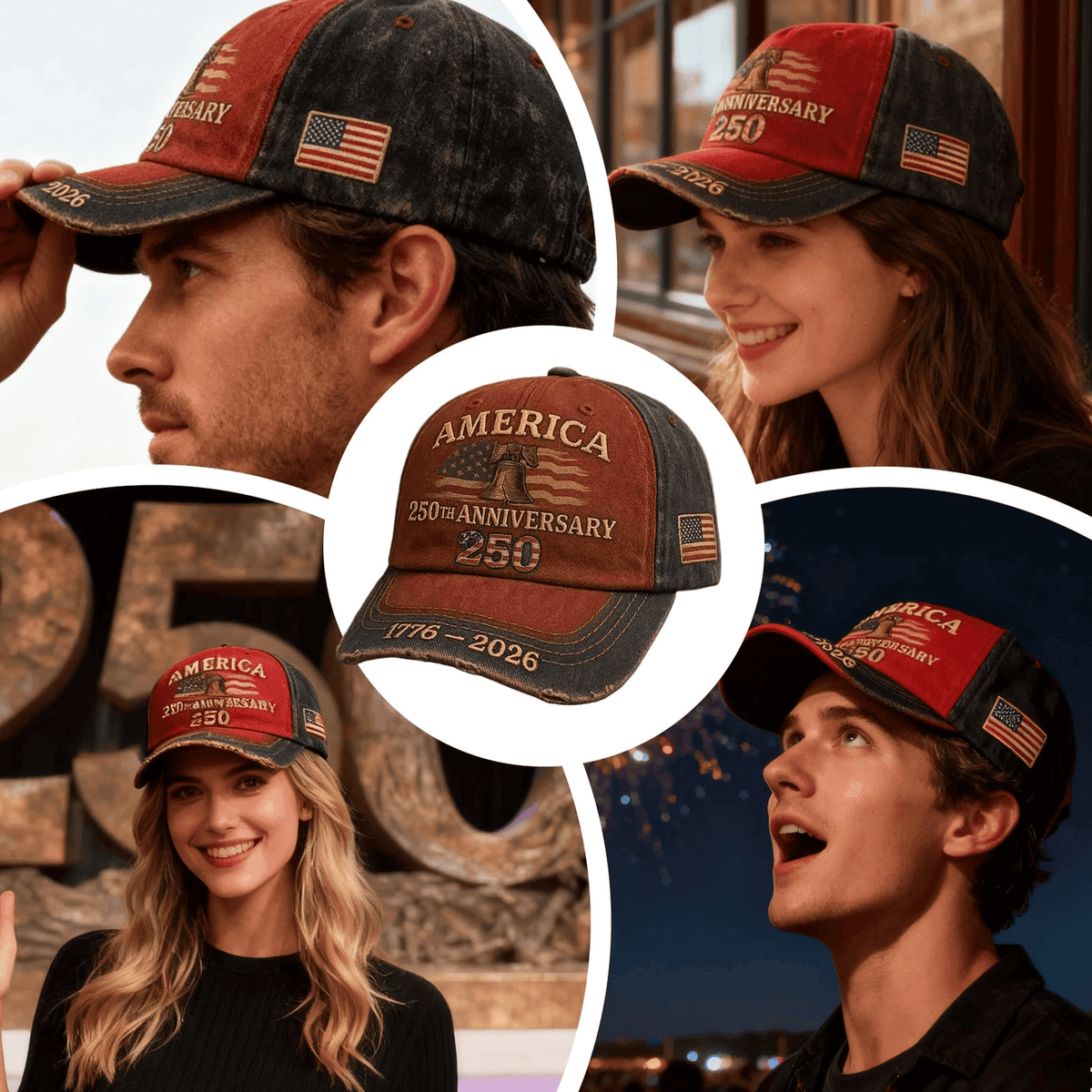 America 250th Anniversary Printed Hat 1776–2026, Patriotic Liberty Bell Vintage Cap, Distressed USA Flag Baseball Hat