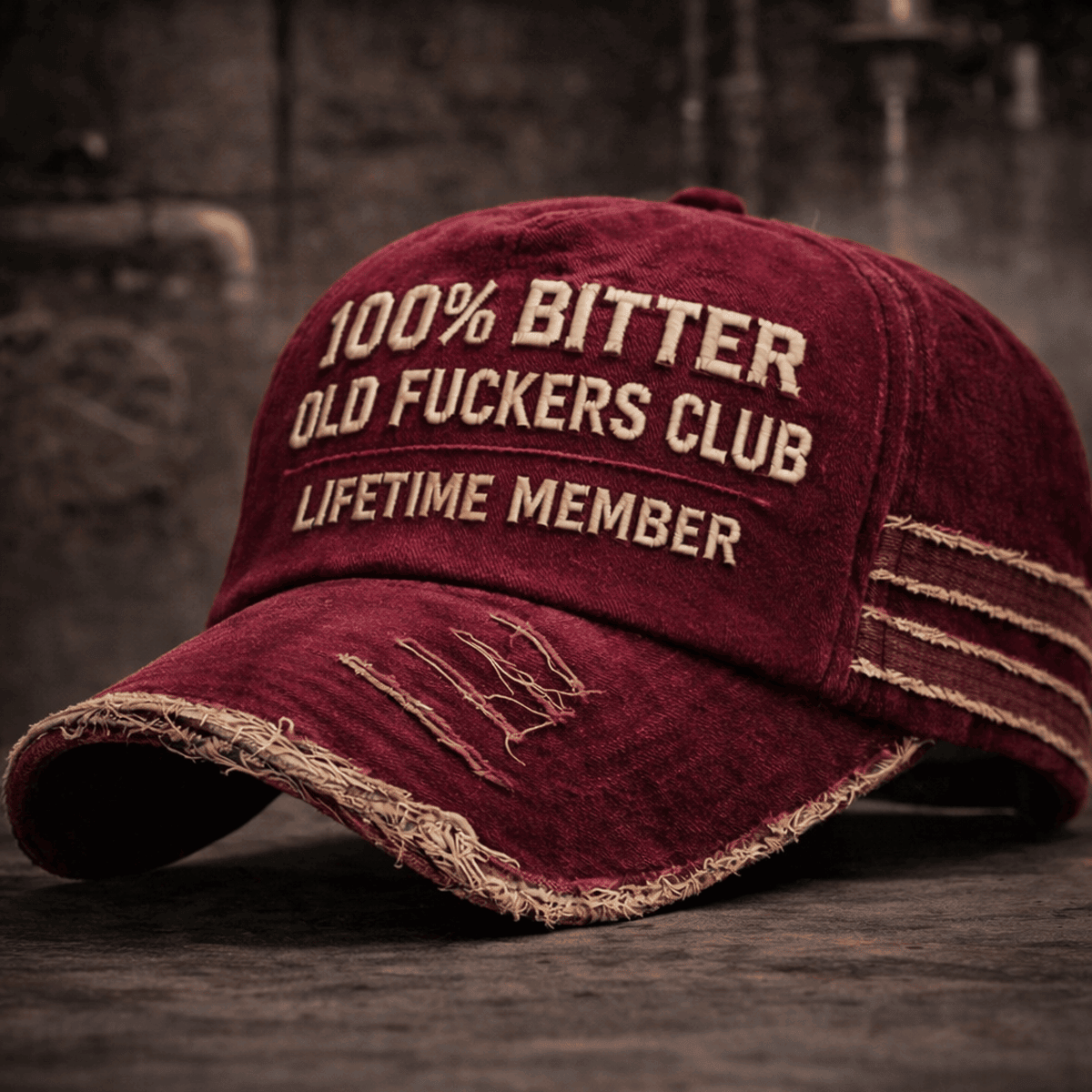 100% Bitter Old Fckers Club Printed Distressed Red Cap Ripped Vintage Print Lifetime Member Trucker Hat Funny Retirement Gift for Dad