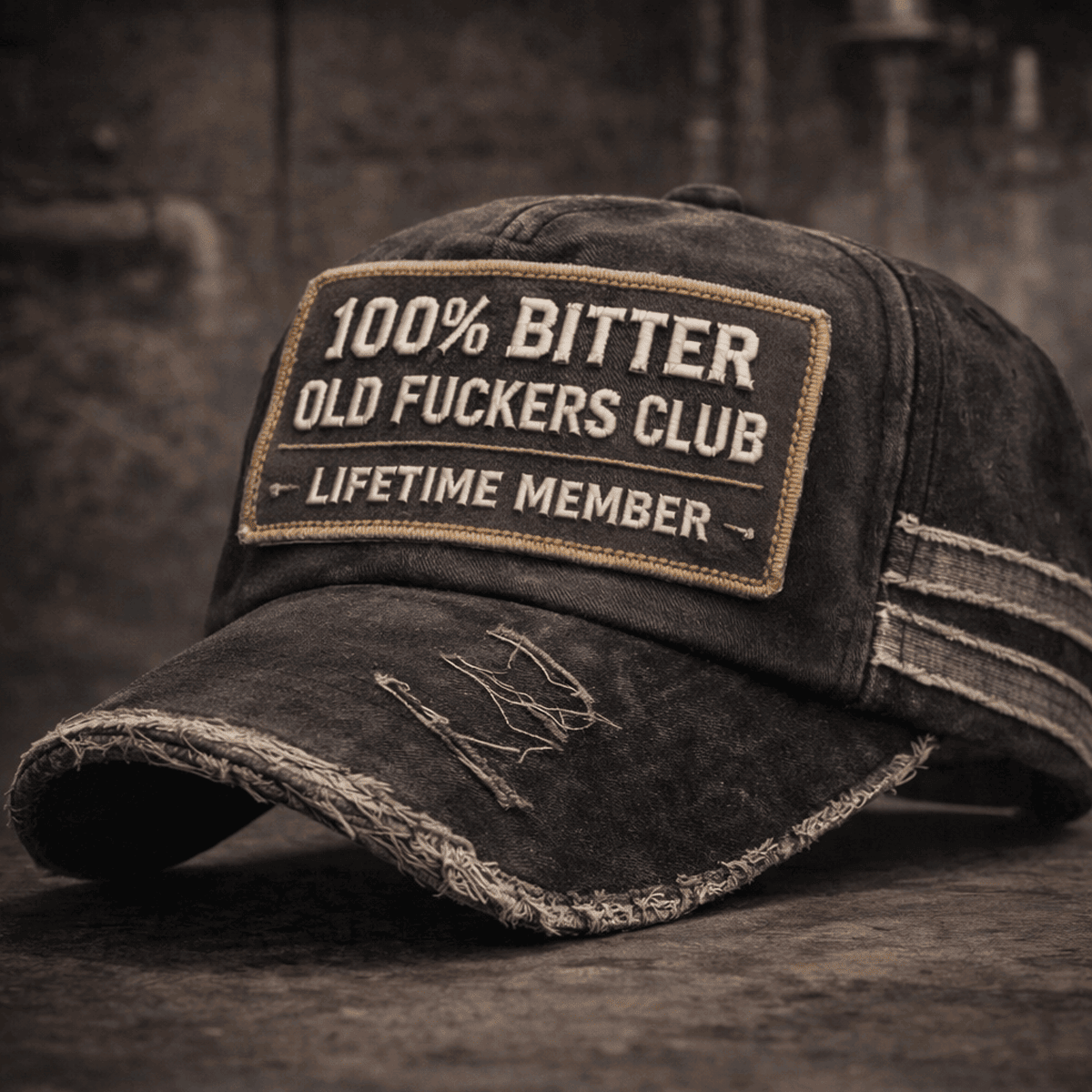 100% Bitter Old Fckers Club Printed Distressed Patch Cap Ripped Vintage Print Lifetime Member Trucker Hat Biker Style Funny Gift for Him