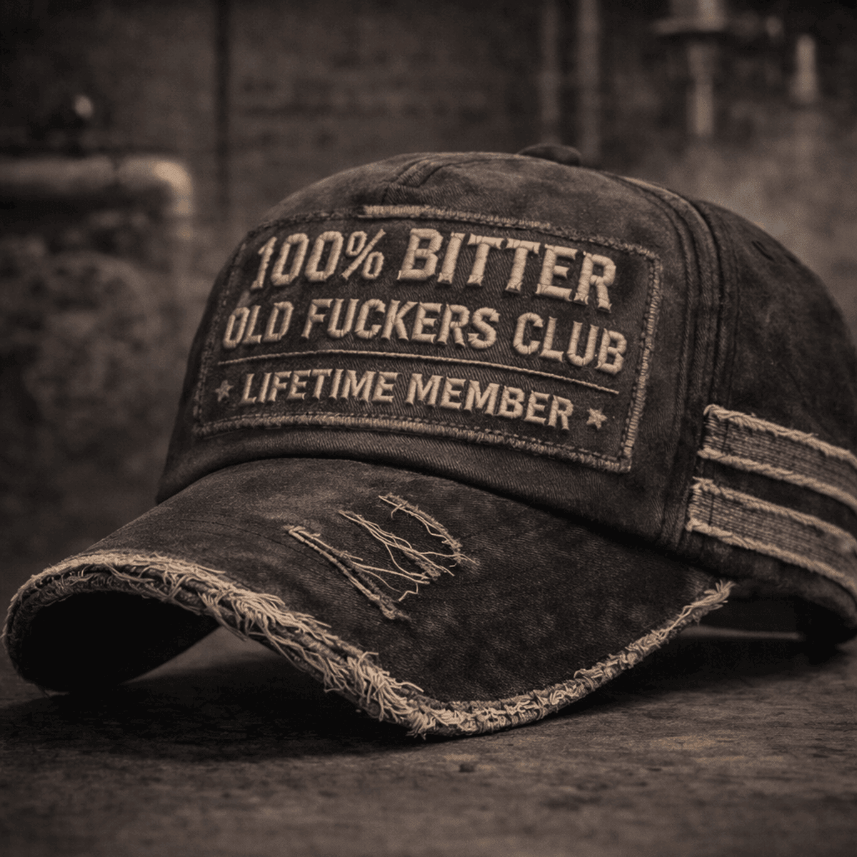 100% Bitter Old Fckers Club Printed Distressed Vintage Black Cap Ripped Effect Print Lifetime Member Baseball Hat Funny Grandpa Gift