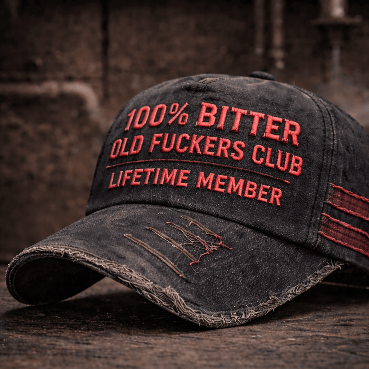 100% Bitter Old Fckers Club Printed Distressed Black Red Text Cap Ripped Vintage Print Lifetime Member Trucker Hat Funny Biker Birthday Gift