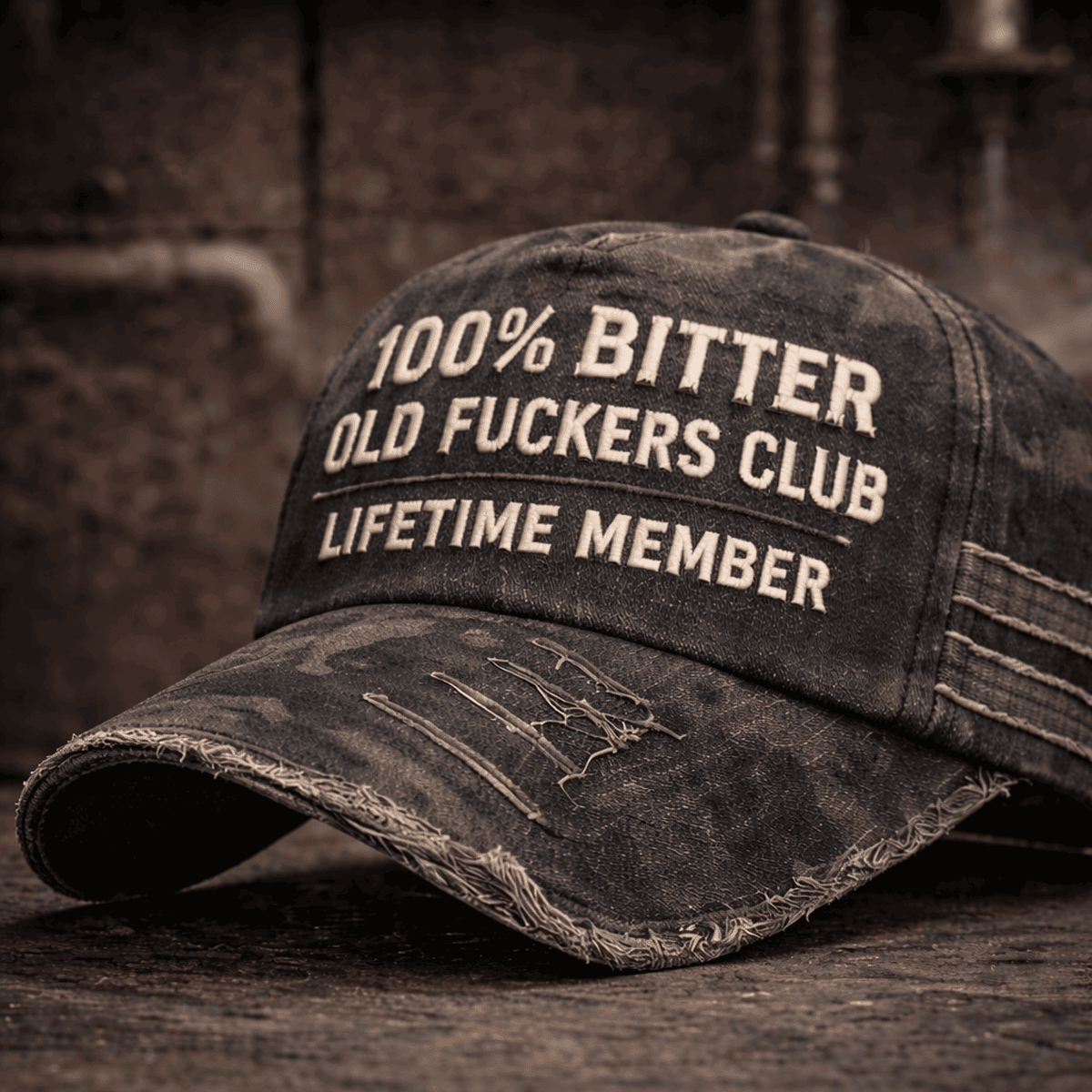 100% Bitter Old Fckers Club Printed Distressed Washed Black Cap Ripped Effect Print Lifetime Member Baseball Hat Funny Old Man Gift