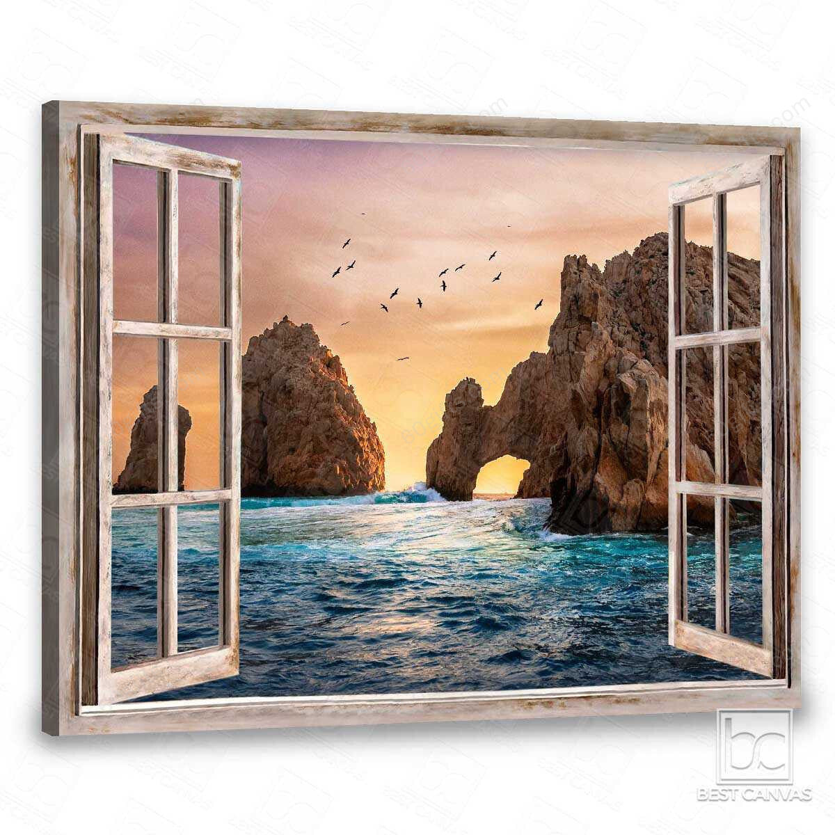 Housewarming Gifts Gorgeous Sunset Ocean Landscape Through Rustic Window Canvas Print Frames