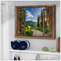 Housewarming Gifts Majestic Mountain Sunrise With Tree Scenery Through Rustic Window Canvas Print Frames