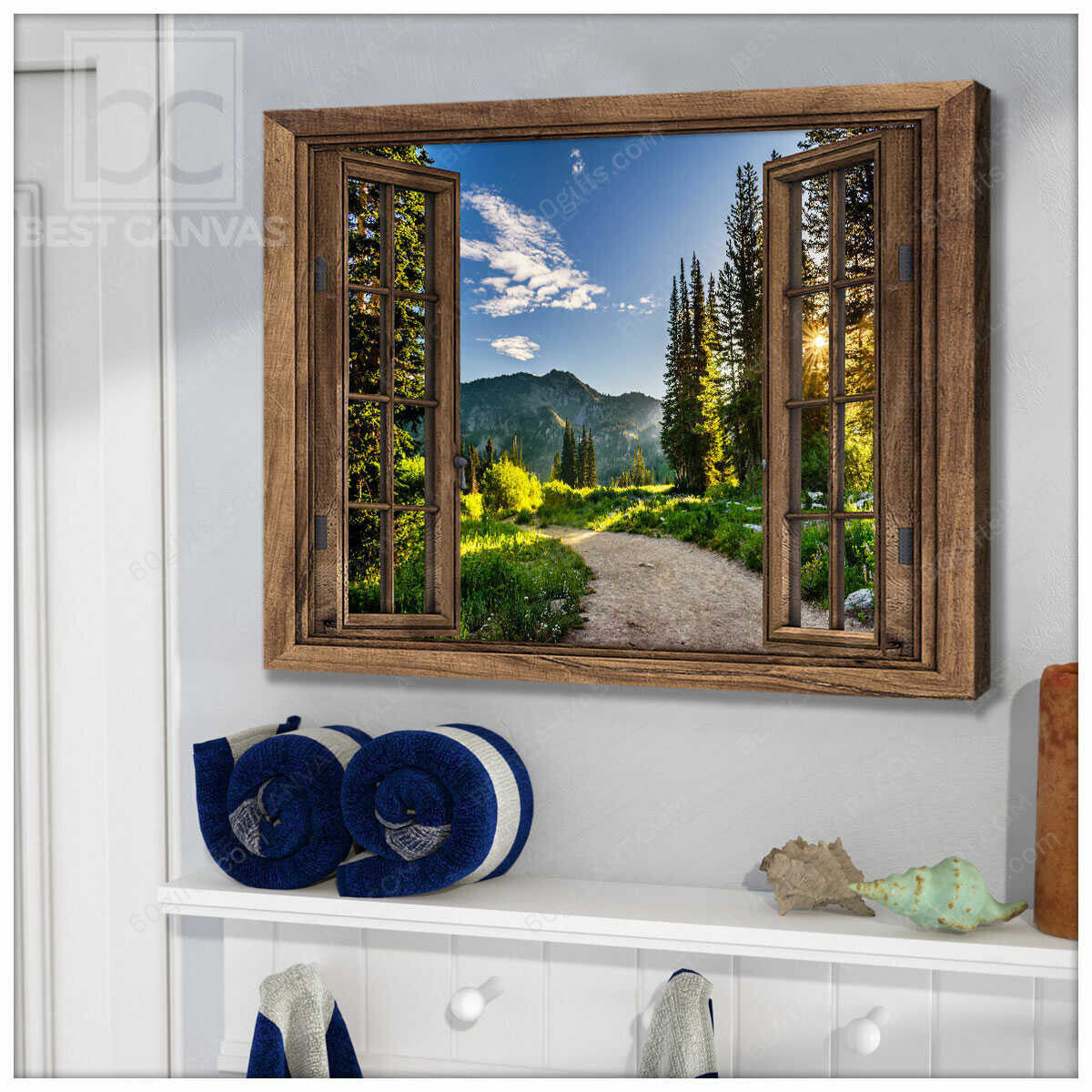 Housewarming Gifts Majestic Mountain Sunrise With Tree Scenery Through Rustic Window Canvas Print Frames