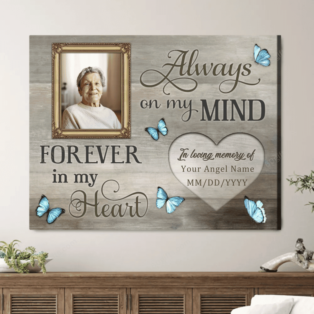 Personalized Photo Housewarming Gifts Always On My Mind Customized Memorial Decor Blue Butterfly Canvas Print