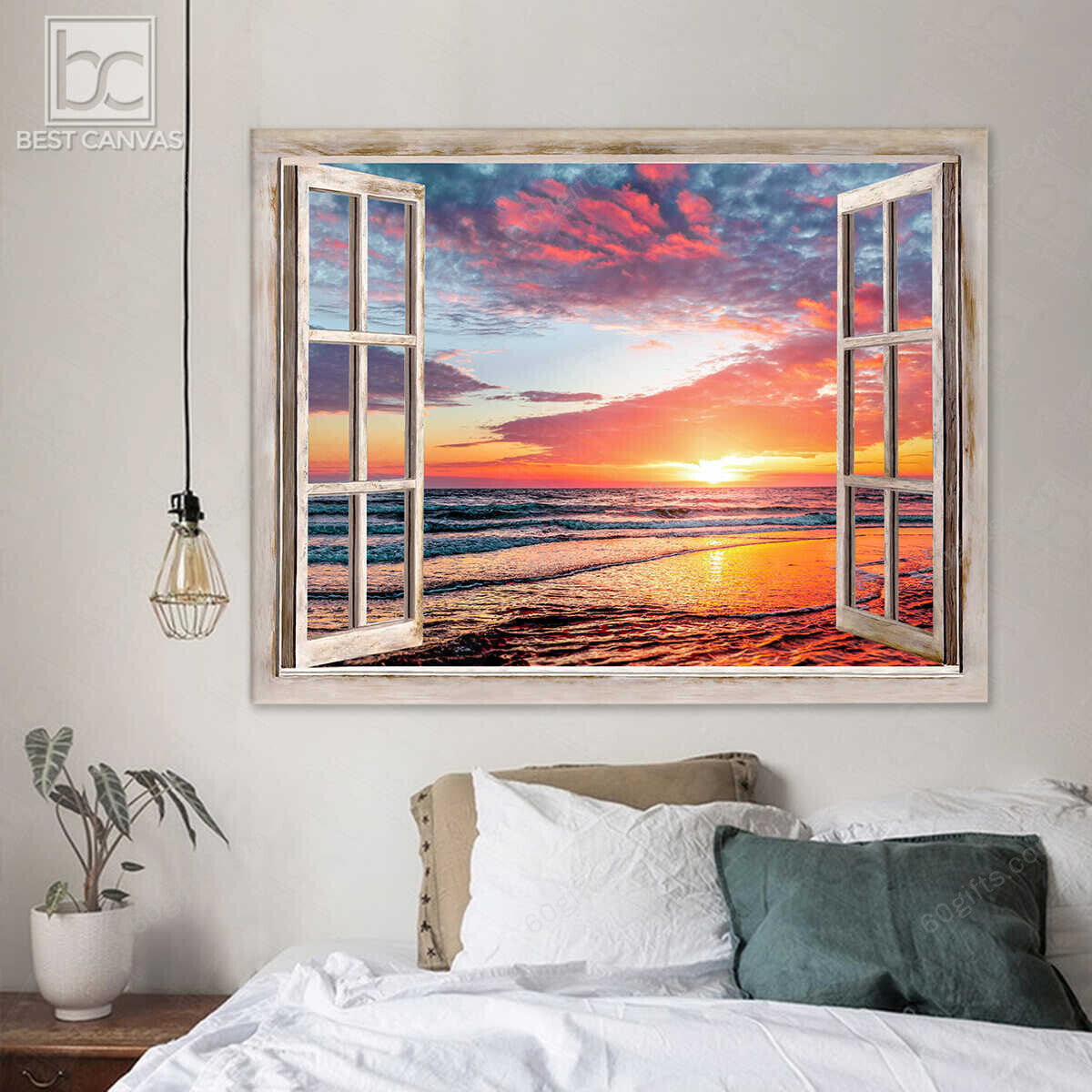 Housewarming Gifts Stunning Sunset Beach Through Window Canvas Print Frames