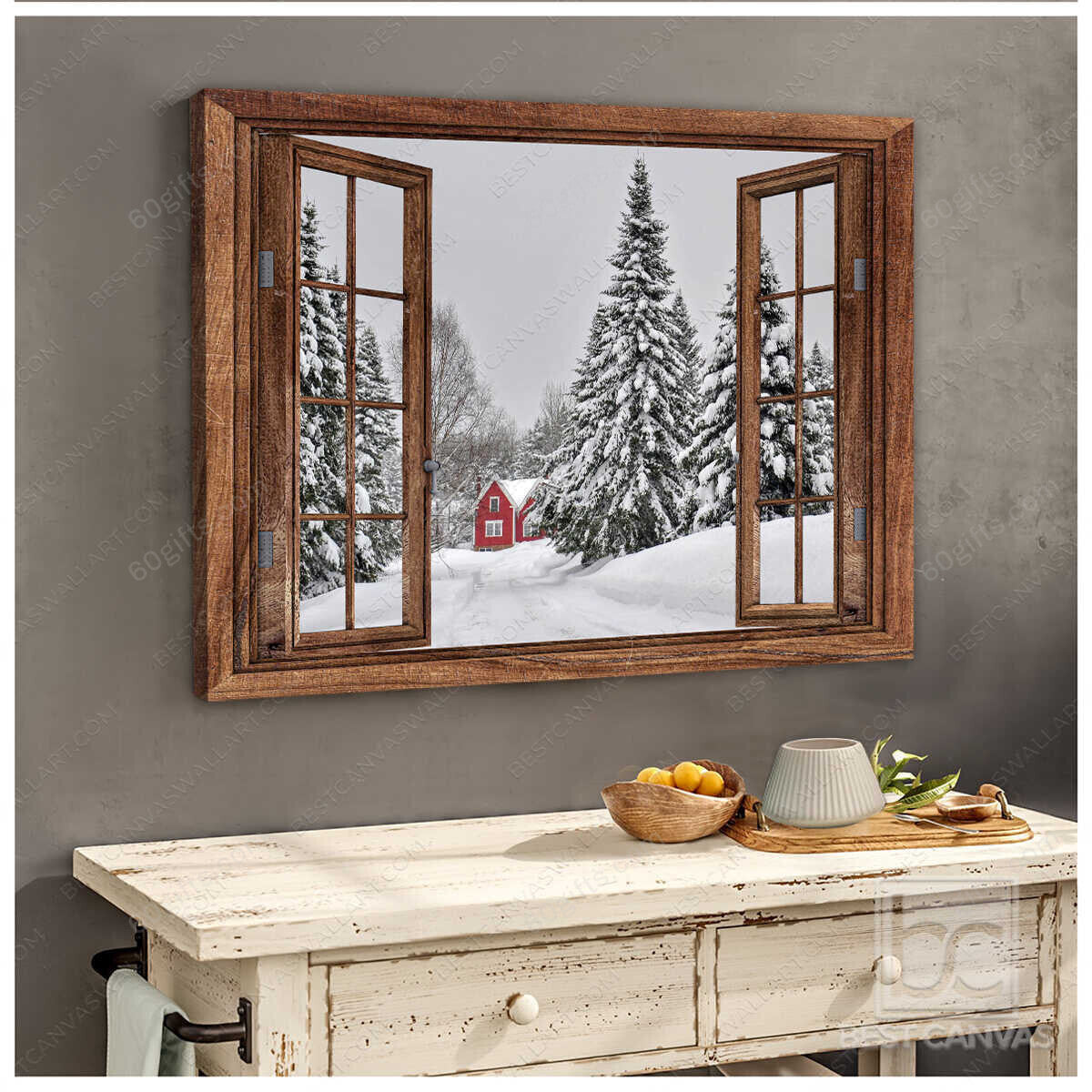 Housewarming Gifts Red Barn In Snow Day Through Rustic Window Canvas Print Frames