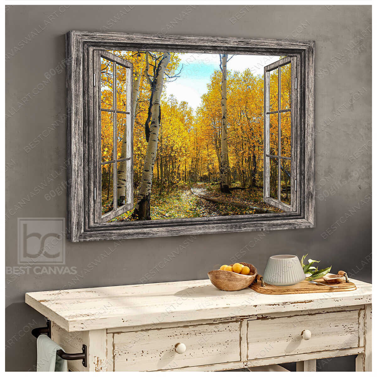 Housewarming Gifts Birch Forest In Autumn Through Rustic Window Canvas Print Frames