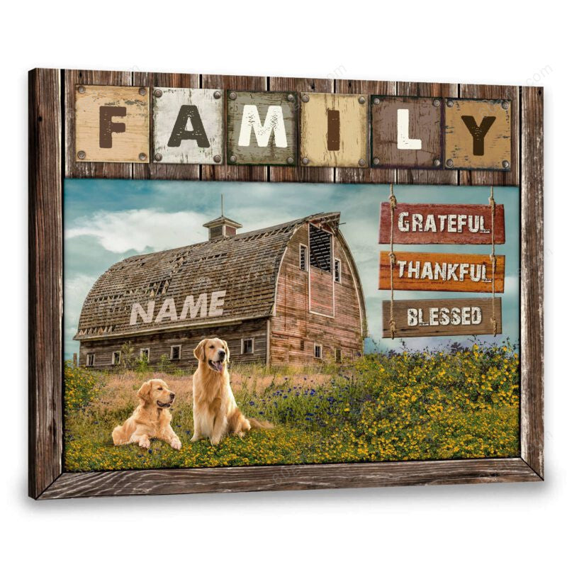 Customized Name Rustic Barn Cute Dogs Family Grateful Thankful Blessed Personalized Canvas Print Farmhouse Decor
