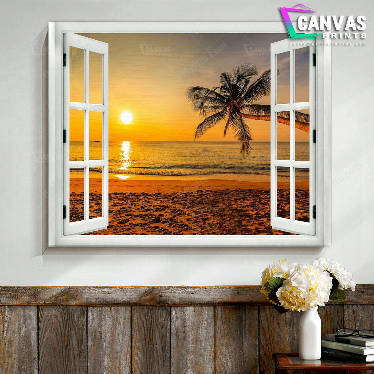 Housewarming Gifts Coastal Window View Decor Beautiful Sunset Beach Canvas Print