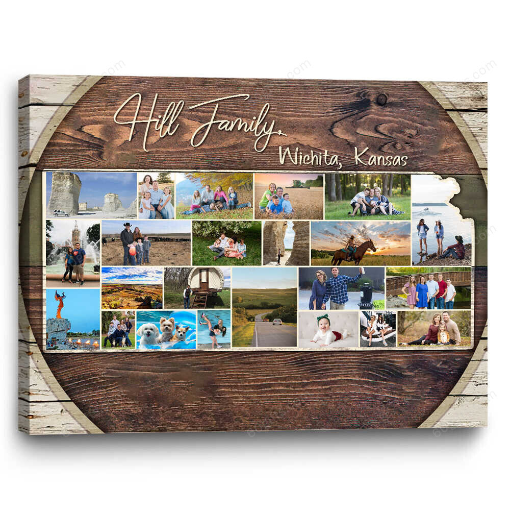 Customized Collage Photo, Kansas State Map Collage Canvas Birthday Gift, Family Gift Ideas Personalized Canvas Print Frames