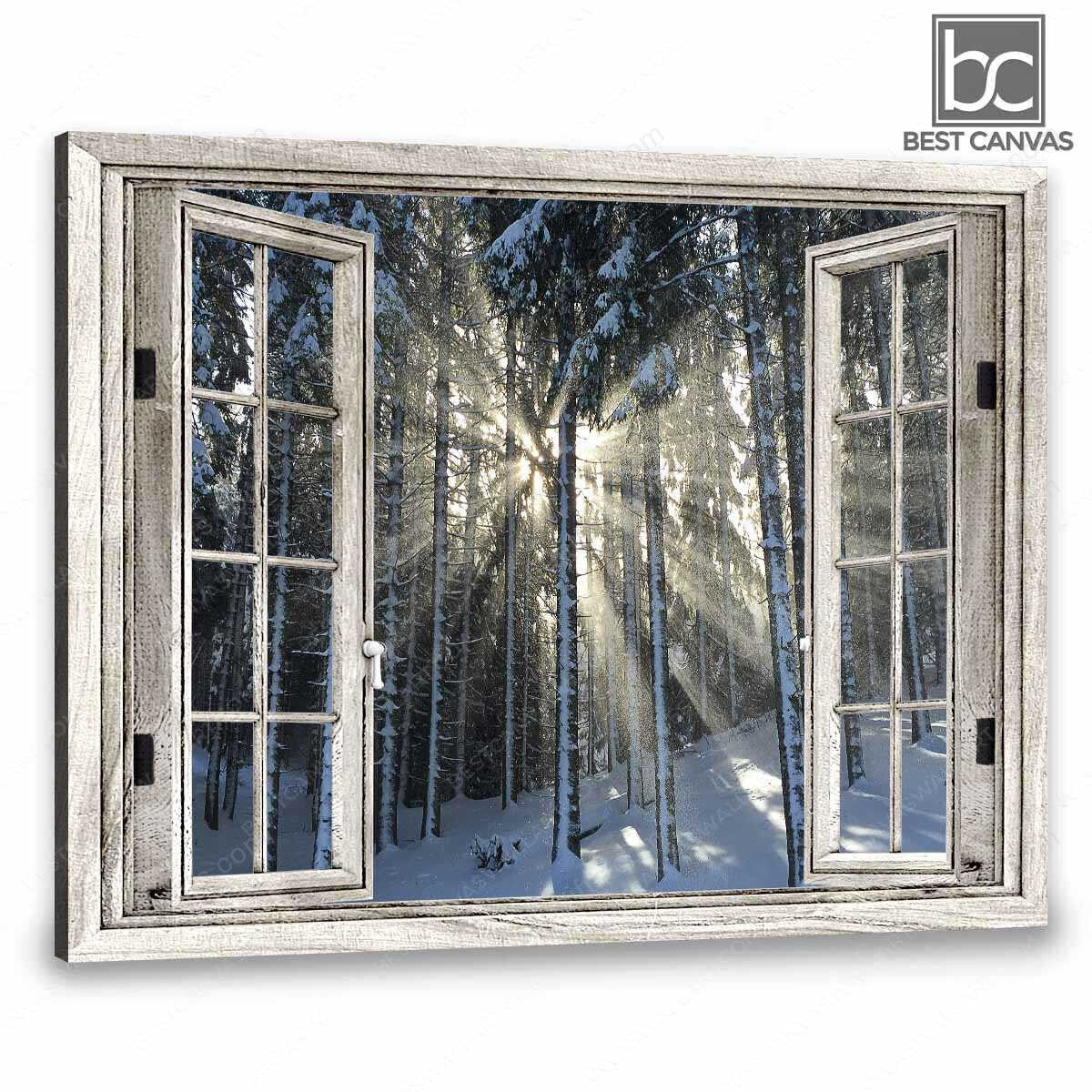 Housewarming Gifts Beautiful Forest In The Snowy Day Sun Shining Over Tree Through White Window Canvas Print Frames