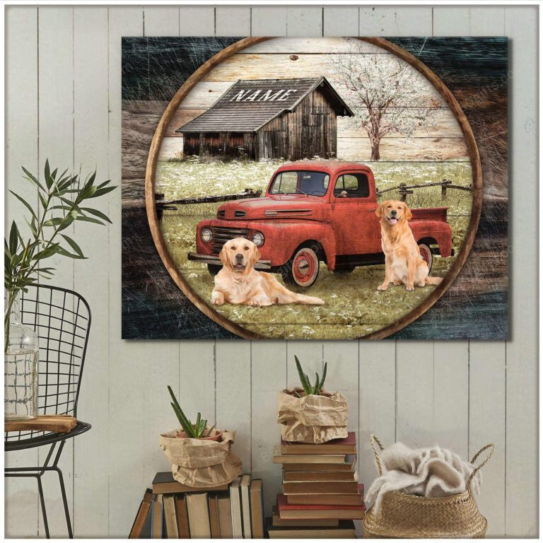 Customized Name Pickup Truck And Cute Dogs Personalized Canvas Print Farmhouse Decor