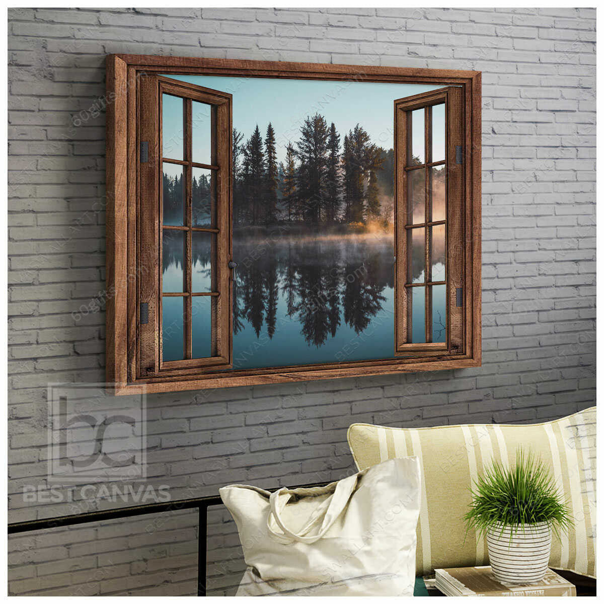 Housewarming Gifts Gorgeous Morning Lake View With Tree Scenery Through Rustic Window Canvas Print Frames