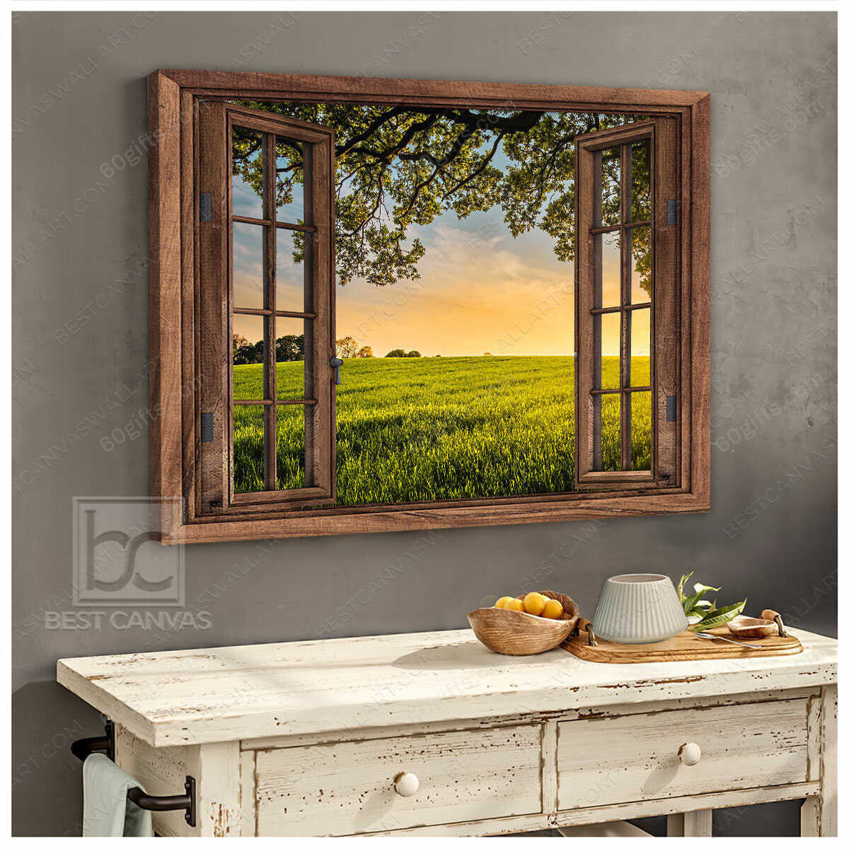 Housewarming Gifts Gorgeous Morning Rice fields View Through Rustic Window Canvas Print Frames