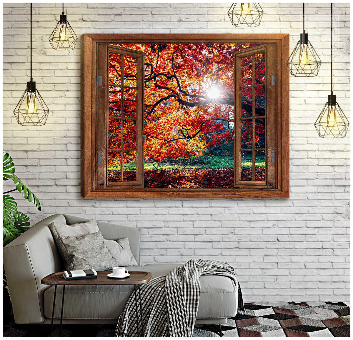 Housewarming Gifts Autumn Fall Under Tree Through Rustic Window Canvas Print Frames