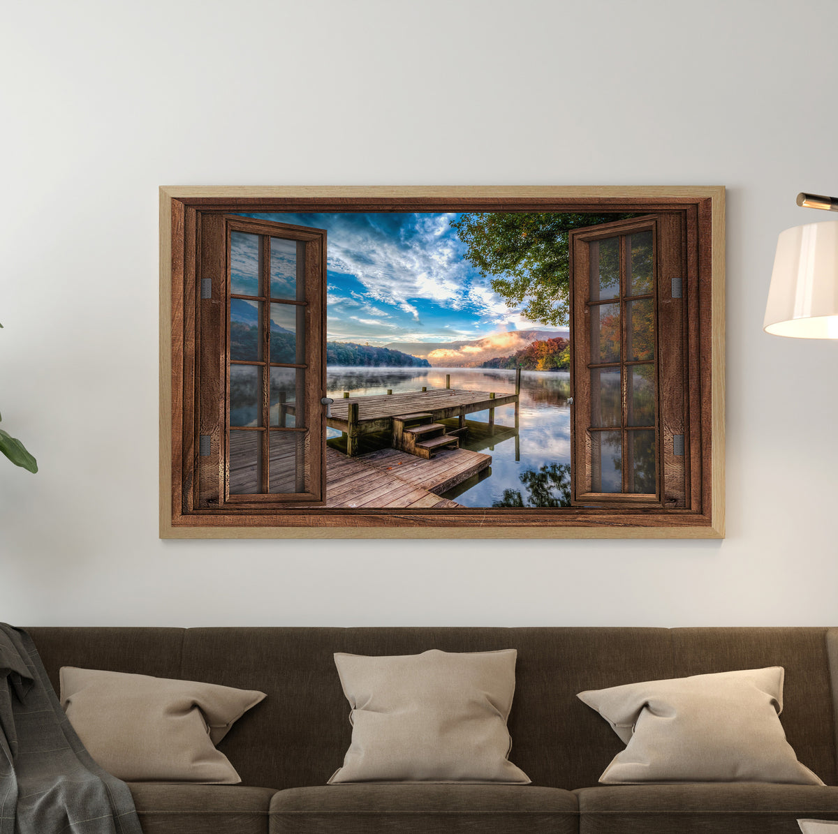 Housewarming Gifts Dock Lake In Sunrise With Tree And Mountain Through Rustic Window Canvas Print Frames