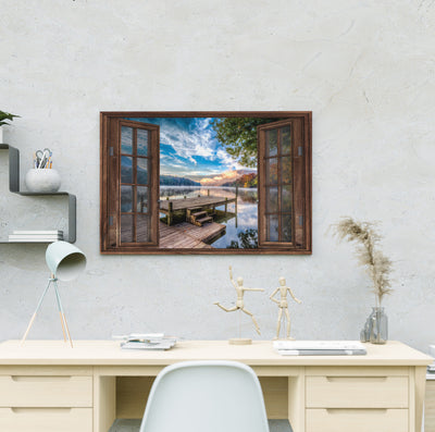 Housewarming Gifts Dock Lake In Sunrise With Tree And Mountain Through Rustic Window Canvas Print Frames