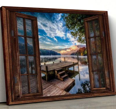 Housewarming Gifts Dock Lake In Sunrise With Tree And Mountain Through Rustic Window Canvas Print Frames