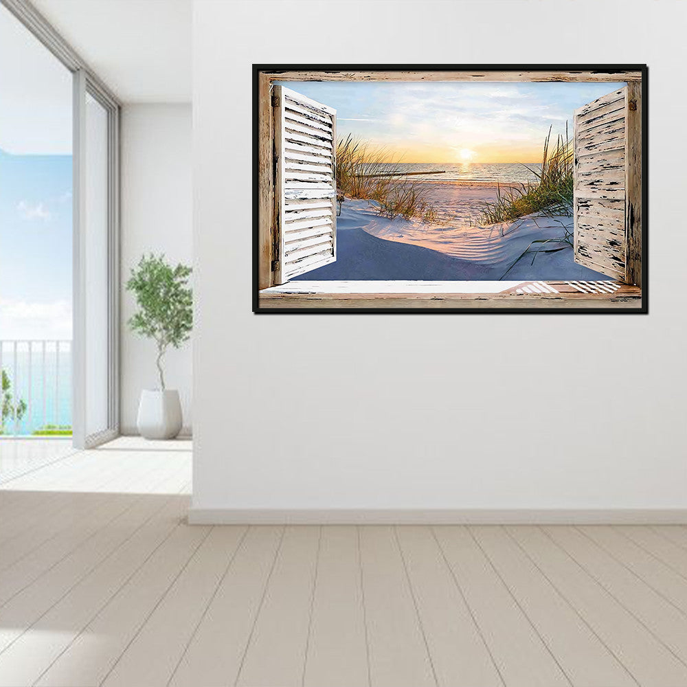 Housewarming Gifts Beautiful Beach In The Morning Through Wooden Window Canvas Print Frames