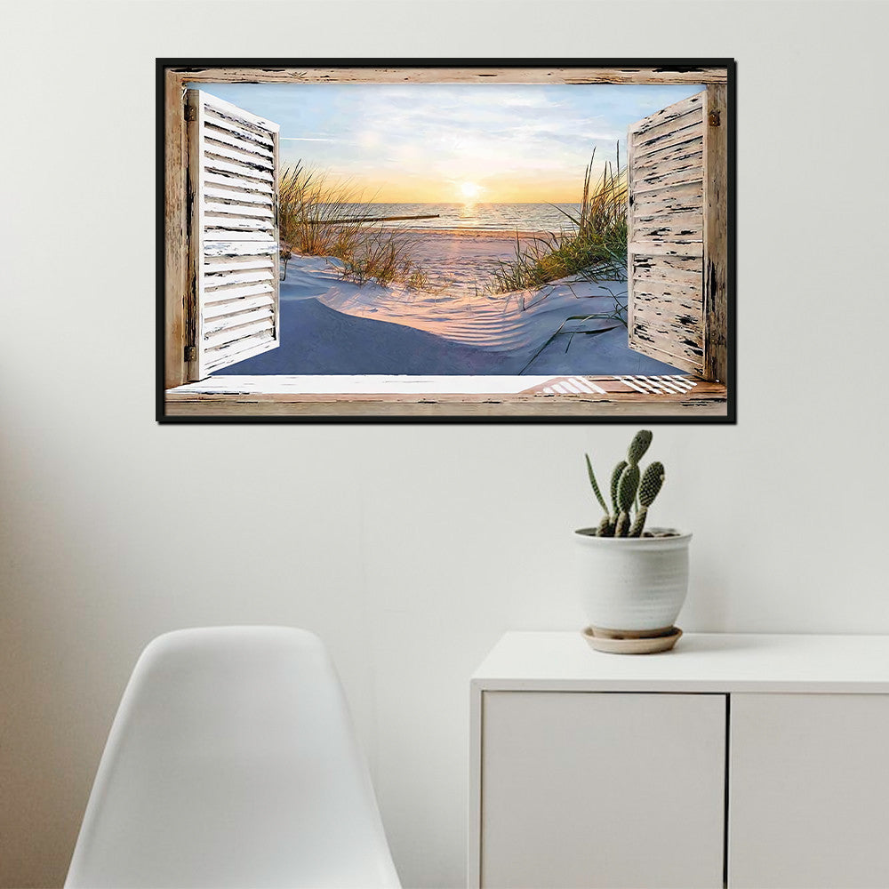 Housewarming Gifts Beautiful Beach In The Morning Through Wooden Window Canvas Print Frames