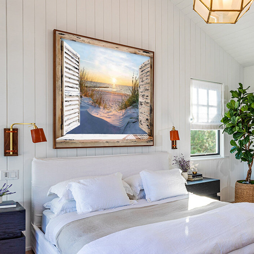 Housewarming Gifts Beautiful Beach In The Morning Through Wooden Window Canvas Print Frames