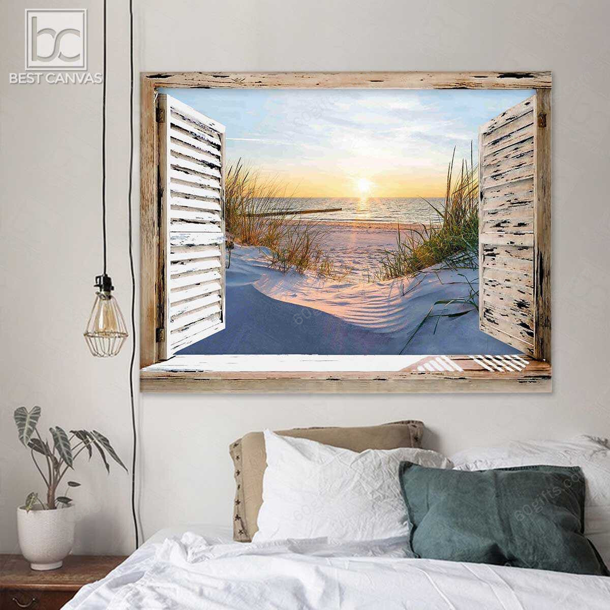 Housewarming Gifts Beautiful Beach In The Morning Through Wooden Window Canvas Print Frames