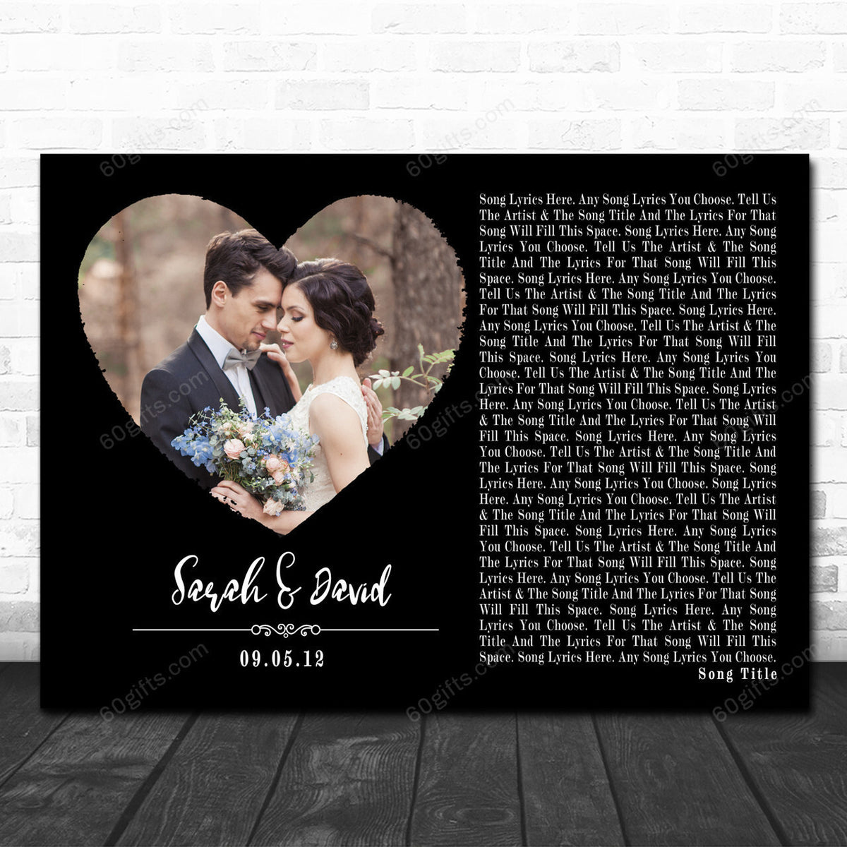 Black Landscape Script Heart Wedding Customized Photo Any Song Lyric Art Print Canvas Print Frames