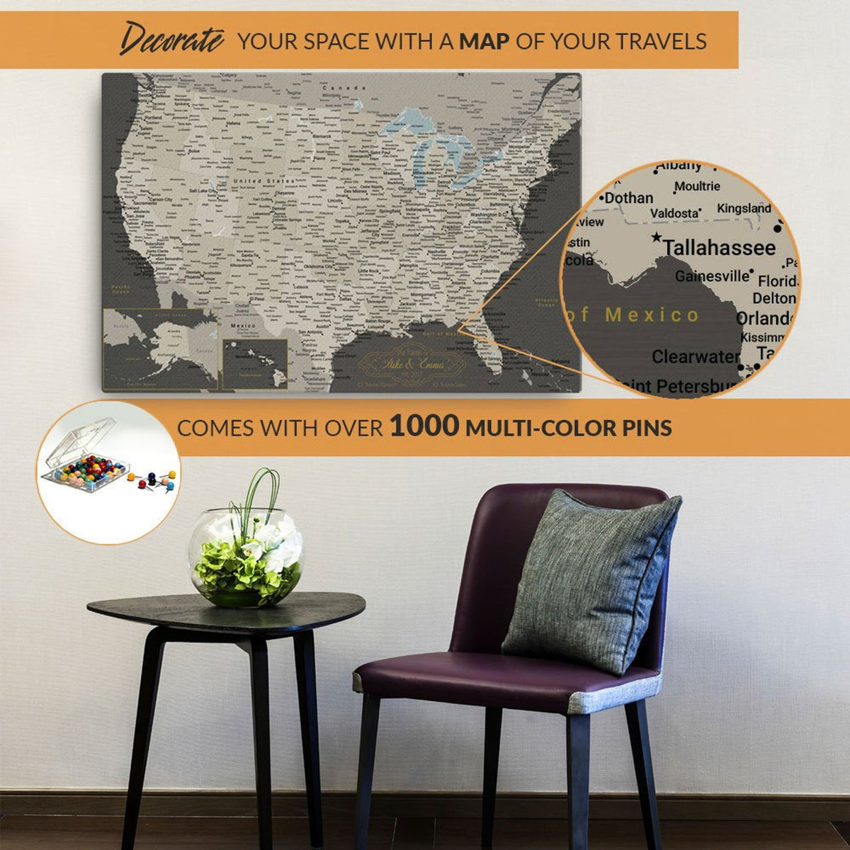 Aeticon Canvas Anniversary Gift For Him, For Husband, For Boyfriend, For Father, For Spouse, Push Pin US Map, United States Travel Map, Personalized Gift