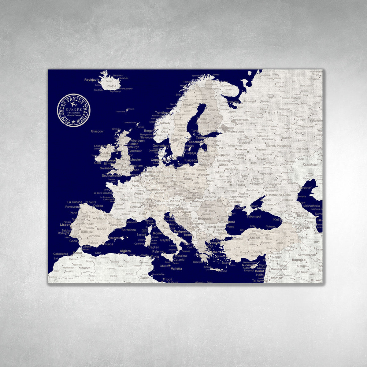 Aeticon Canvas European Map Navy Blue, Custom Europe Travel Map, Personalized Map of Eastern Europe, Europe Map With Cities, Labeled Map of Europe, Pins