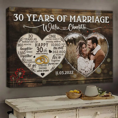 Personalized Canvas Prints, Custom Photo, Gifts For Couples, 30th Anniversary Gifts For Husband And Wife, Heart Frame 30 Years Of Marriage Canvas