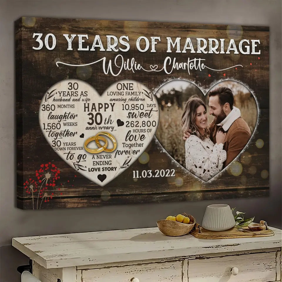 Personalized Canvas Prints, Custom Photo, Gifts For Couples, 30th Anniversary Gifts For Husband And Wife, Heart Frame 30 Years Of Marriage Canvas