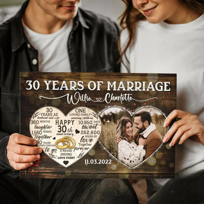 Personalized Canvas Prints, Custom Photo, Gifts For Couples, 30th Anniversary Gifts For Husband And Wife, Heart Frame 30 Years Of Marriage Canvas